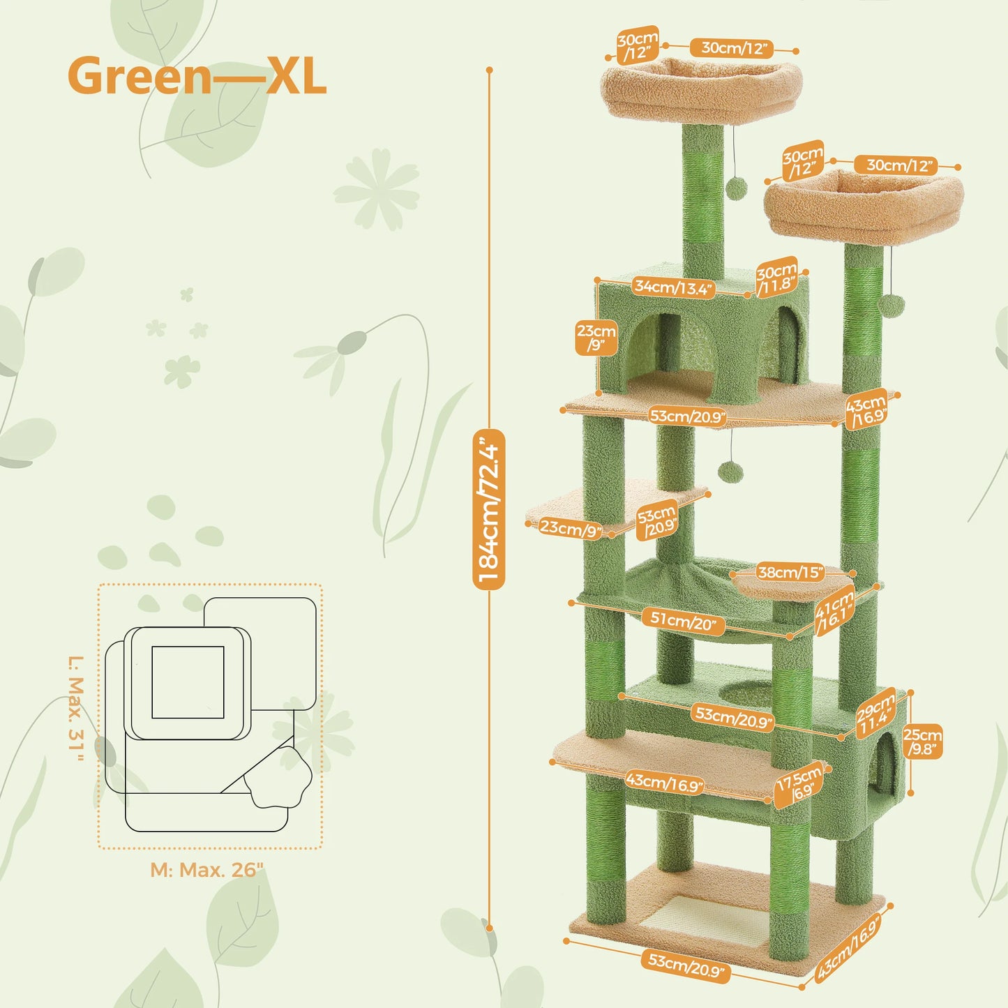 184Cm Large Cat Tree Tower for Indoor Cats with Sisal-Covered Scratching Posts Spacious Hammock Padded Perches and Condos Green