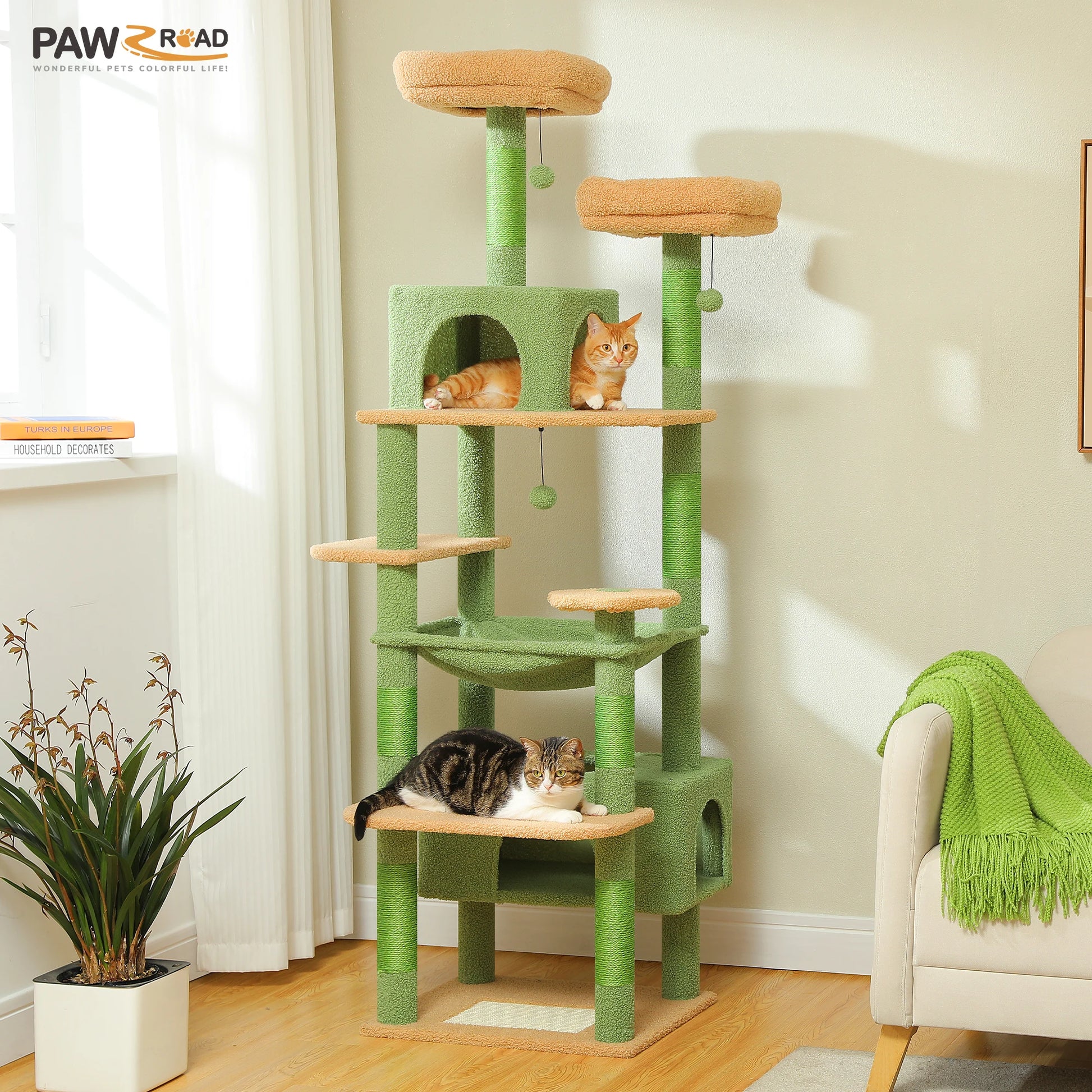 184Cm Large Cat Tree Tower for Indoor Cats with Sisal-Covered Scratching Posts Spacious Hammock Padded Perches and Condos Green