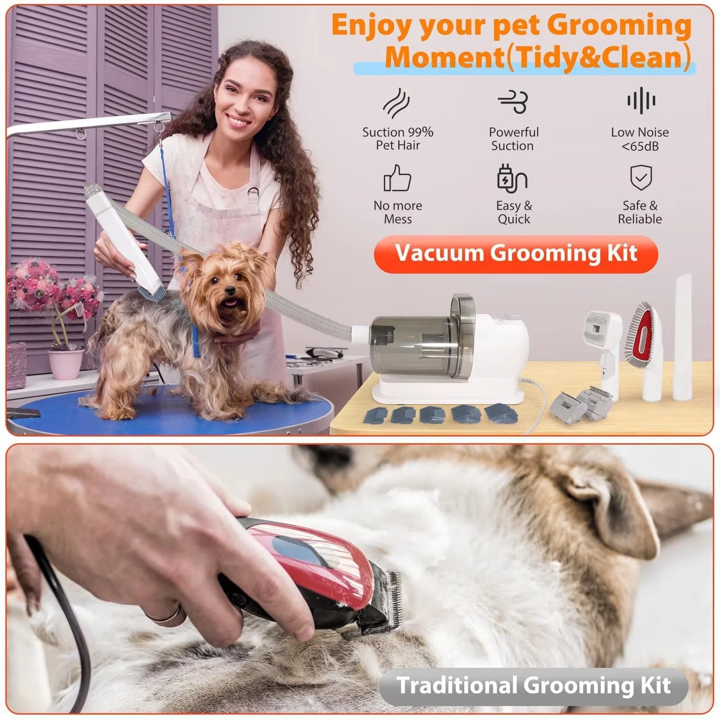 6 in 1 Pets Grooming Kits & Dog Hair Vacuum Powerful Suction for Long or Short Hair Dog Shavers Pet Vacuum Groomer for Dogs Cats